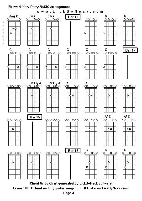 Chord Grids Chart of chord melody fingerstyle guitar song-Firework-Katy Perry-BASIC Arrangement,generated by LickByNeck software.